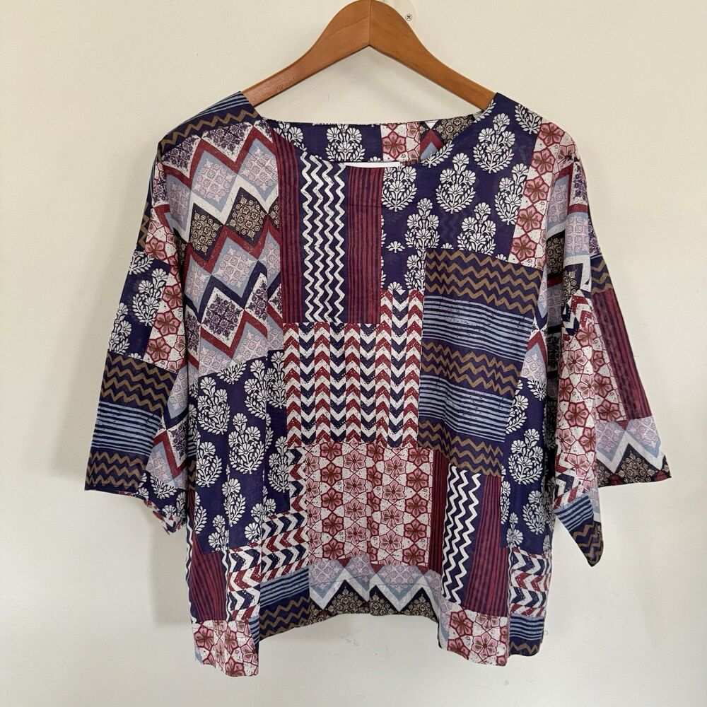 J. Jill Pure Jill Printed Lightweight Petite Boxy Cotton Top Kimono Sleeve Boho